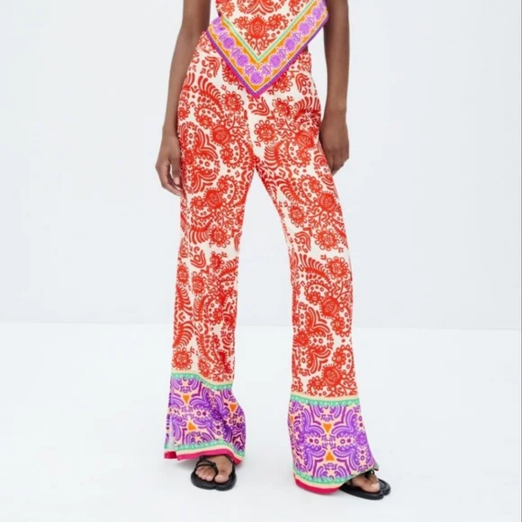 Zara * satin red printed wide leg pants Size XS - Picture 12 of 13